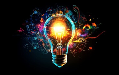 Aufkleber - A bright lightbulb emitting light, with abstract shapes and symbols swirling around, symbolizing the process of creative brainstorming
