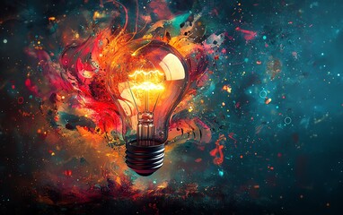 Aufkleber - A bright lightbulb emitting light, with abstract shapes and symbols swirling around, symbolizing the process of creative brainstorming