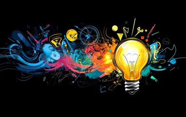 Aufkleber - A bright lightbulb emitting light, with abstract shapes and symbols swirling around, symbolizing the process of creative brainstorming