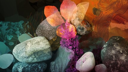 Poster - Dynamic Interplay of Abstract Forms and Nature in Vivid Colors and Textures