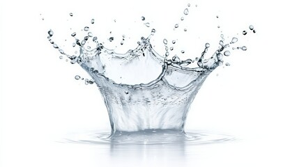 Poster - Crown shaped water splash rising gracefully from circular ripples against a white background, creating shimmering droplets that evoke feelings of purity, freshness, and dynamic motion