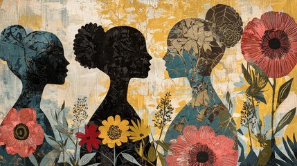 Poster - Abstract Floral Patterns in Harmonious Blend Featuring Silhouettes of Women