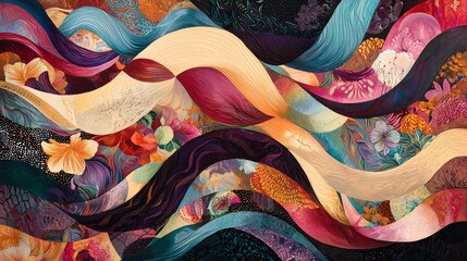 Poster - Harmonious Blend of Soft Waves and Floral Elements in Vibrant Colorful Artwork
