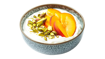 Wall Mural - bowl with Greek yogurt with sliced peaches, pistachios, and a drizzle of agave syrup, isolated on a white background, side and top view, food