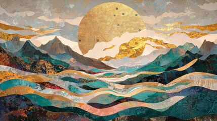 Poster - Serene Abstract Landscape with Waves and Sun in Warm Tones and Rich Textures
