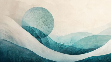 Poster - Tranquil Composition of Gentle Waves Under a Soft Circular Sun