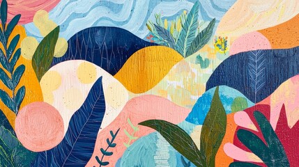 Poster - Vibrant Abstract Painting with Colorful Shapes and Natural Elements for Contemporary Art