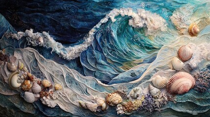 Poster - Abstract Ocean Scene with Flowing Waves and Colorful Shells in a Marine Landscape