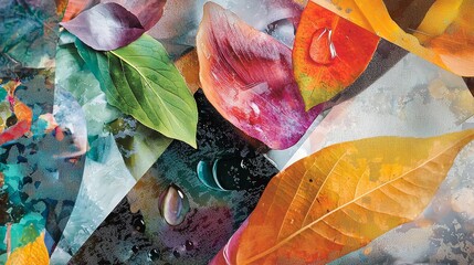 Poster - Colorful Collage of Natural Elements Featuring Leaves, Petals, and Water Droplets