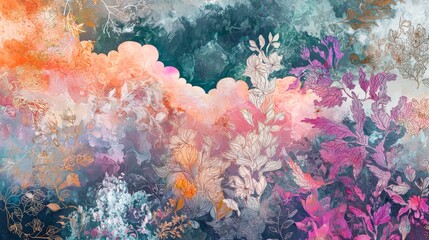 Poster - Intricate Abstract Background with Dreamy Floral Elements in Soft Pastel Colors