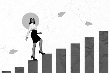 Poster - Creative photo 3d collage artwork poster postcard of serious youg woman rise career ladder isolated on painting background