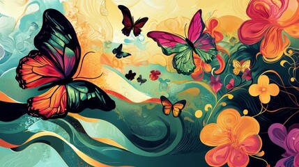 Poster - Uplifting Abstract Design with Flowing Lines and Colorful Butterflies