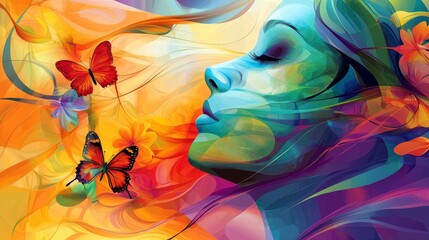 Poster - Uplifting Abstract Design with Flowing Lines and Colorful Butterflies