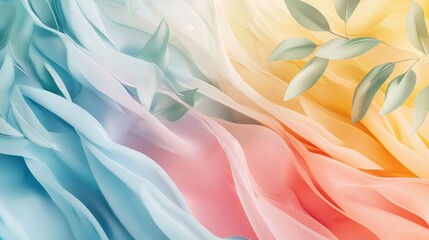 Poster - Dreamy Abstract Forms Resembling Waves in Soft Pastel Colors with Leafy Touch