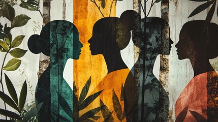 Poster - Geometric Forms Layered Over Lush Forest with Silhouettes of Women in Profile
