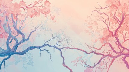 Poster - Pastel Gradient Overlays of Tree Branches with Soft Floral Elements in Light Colors