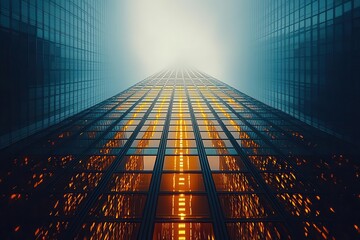 Wall Mural - contemporary glass and steel skyscraper reaching skyward with dramatic upward perspective capturing geometric patterns and reflective surfaces in urban setting