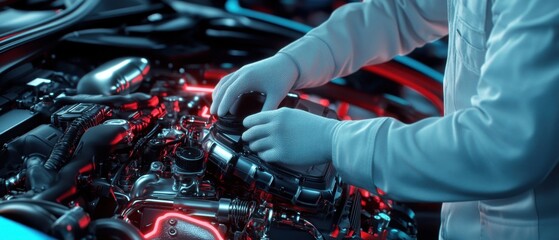 Poster - A close-up of a mechanic gloved hands working on a sleek sports car engine, illuminated by vivid neon lights