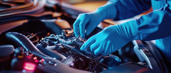 Poster - A close-up of a mechanic gloved hands working on a sleek sports car engine, illuminated by vivid neon lights