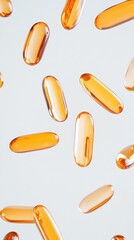 Poster - Orange translucent gel pills levitating on a white background creating a visually appealing representation of healthcare, medicine, and pharmaceutical concepts
