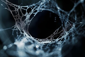 Close-up of a spider web adorned with dew drops, showcasing intricate patterns and textures.
