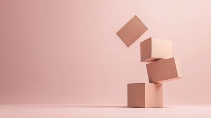 Aufkleber - Four levitating pink boxes are arranged in a seemingly unstable balance against a matching pink backdrop, creating a surreal and minimalist composition