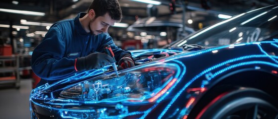 Poster - A glossy sports car with neon lights reflecting off its body, a mechanic tightening the bolts