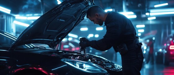 Poster - A high-performance sports car with its hood open, a mechanic adjusting its turbo system under neon lights
