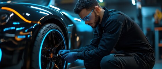 Poster - A luxury sports car with neon blue underglow, a mechanic adjusting its tires