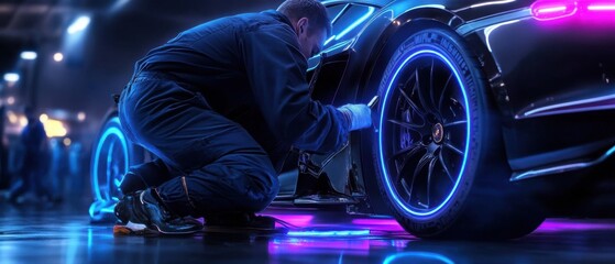 Poster - A luxury sports car with neon blue underglow, a mechanic adjusting its tires