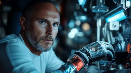 Poster - A determined scientist focuses intently on intricate equipment, showcasing futuristic robotic gloves in a high-tech laboratory setting.