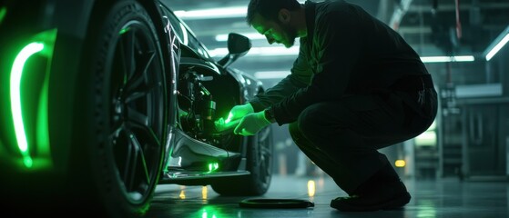 Poster - A mechanic checking the underbody of a sports car, with intense neon green lights illuminating the scene