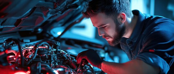 Poster - A mechanic inspecting the engine of a sports car, intense neon lighting creating dramatic reflections