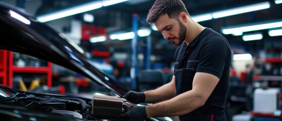 Poster - A mechanic replacing the air filter of a high-performance sports car in a neon-lit workshop