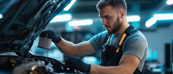 Poster - A mechanic replacing the air filter of a high-performance sports car in a neon-lit workshop