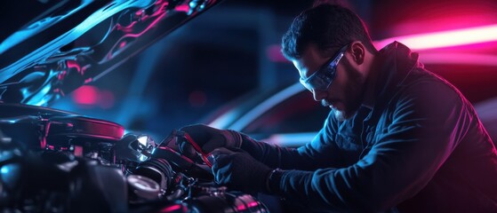 Poster - A mechanic using a diagnostic tool to optimize the engine of a sports car, surrounded by neon hues