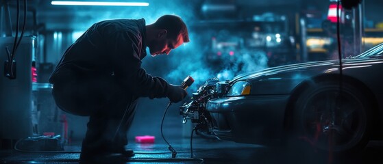 Poster - A mechanic using a diagnostic tool to optimize the engine of a sports car, surrounded by neon hues