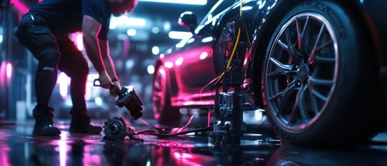 Poster - A mechanic using advanced tools to tune a sports car, the vibrant neon lighting framing the scene