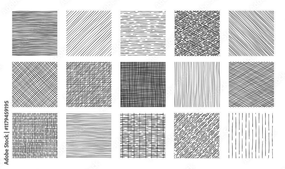 Line crosshatch patterns and textures set. Vector hand drawn pen ...