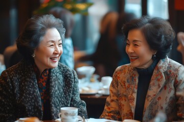 Wall Mural - Two senior women sharing a laugh together in a cafe