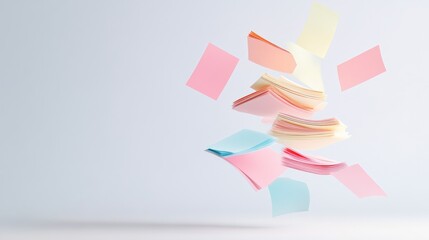 Poster - Levitating pastel colored sticky notes of various sizes against a minimalist light gray background create a dynamic and playful composition of organization and ideas