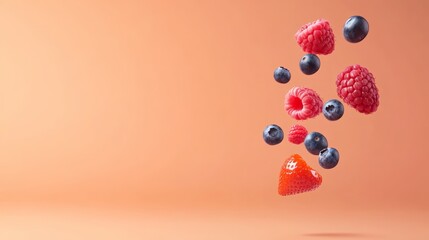 Aufkleber - Several fresh berries, including blueberries, raspberries, and a strawberry, are suspended in mid air against a vibrant orange backdrop, creating a visually appealing composition with copy space