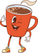© Buch&Bee - Cartoon groovy hot coffee drink mug character. Cafe hot chocolate or cacao cartoon isolated vector funny personage. Breakfast coffee drink ceramic cup winking groovy character showing call me sign