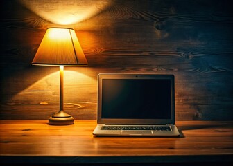 Poster - Dimly Lit Workspace: Laptop, Desk Lamps, Wooden Table - Stock Photo