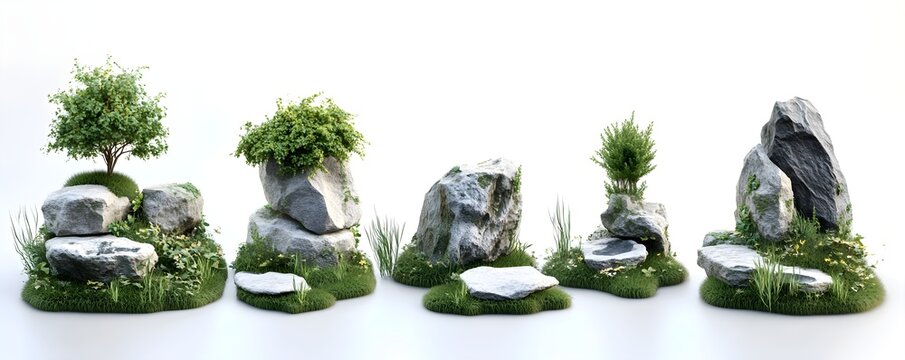 A set of various rocks and boulders floating in the air, against a white background, in a hyper-realistic, photorealistic style, rendered using Octane Render, isolated on a white background. 
