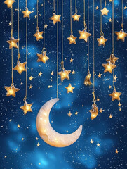 Wall Mural - dreamy night sky with crescent moon and hanging golden stars creates magical atmosphere. shimmering stars and moon evoke feelings of wonder and tranquility