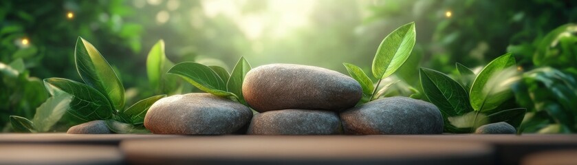 Canvas Print - A landscape bursting with life, where vegetation, lush greenery, and wildlife create a perfect natural harmony The image shows a close-up view of stones surrounded by green leaves on a wooden