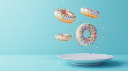 Aufkleber - Four glazed donuts with colorful sprinkles levitating over an empty white plate on a turquoise background create a playful and tempting scene. Ideal for showcasing sweet treats or breakfast concepts