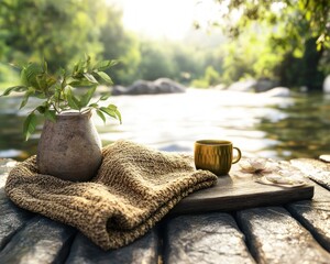 Canvas Print - Capture the essence of a serene spring picnic with a soft blanket spread under dappled sunlight, and a gentle countryside breeze Imagine a cozy afternoon beside a flowing river, the perfect setting