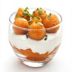 Delicious dessert with orange sweetballs and creamy yogurt topped with fresh herbs in a clear glass bowl